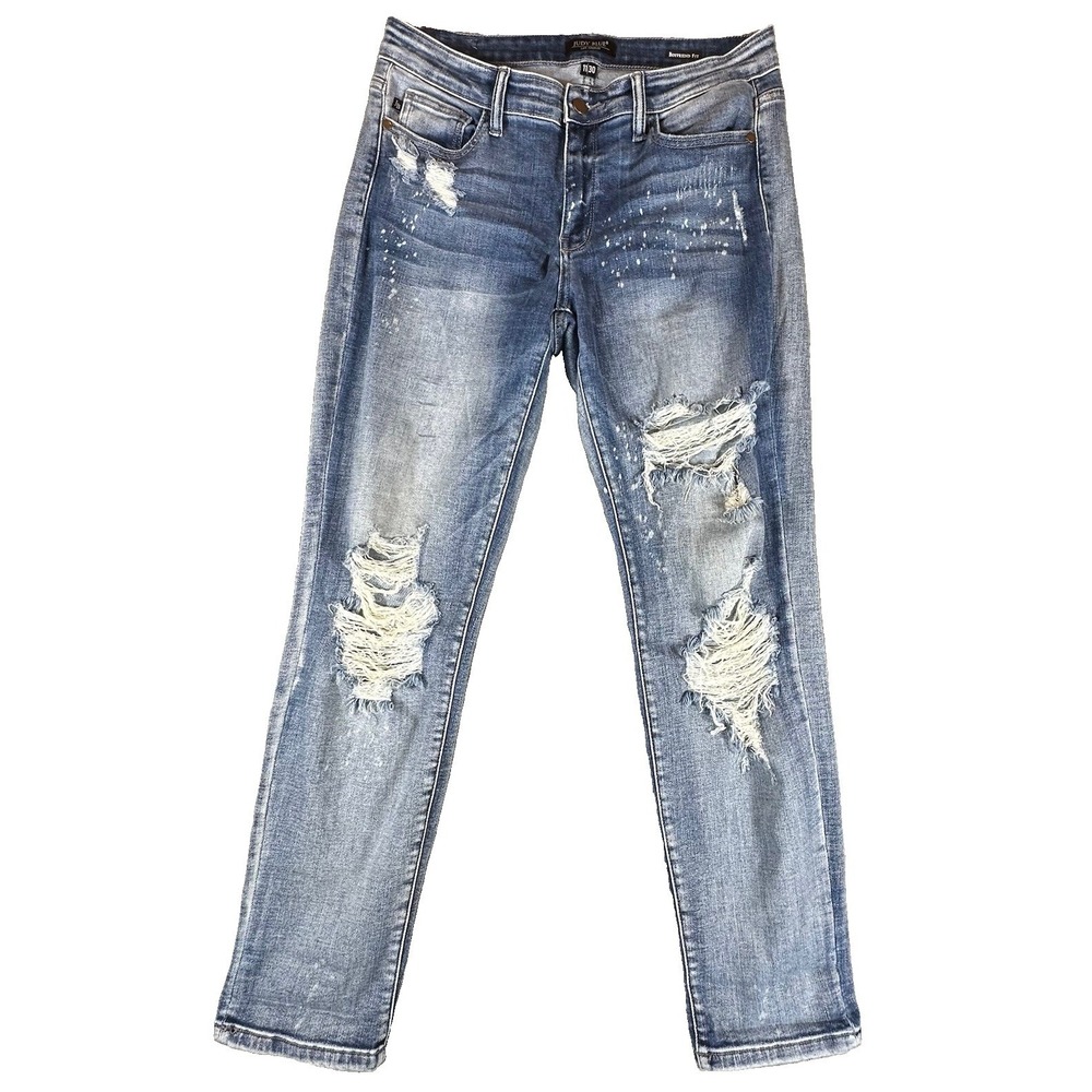 Judy Blue Jeans Womens‎ 11/30 Blue Boyfriend Fit Destroyed Bleach Splatter Denim